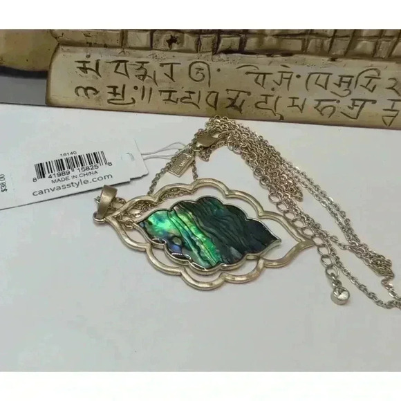 NEW Canvas Goldtone Necklace Pendant Gold Chain Colorful Abalone Shell Reverses - Picture 5 of 7